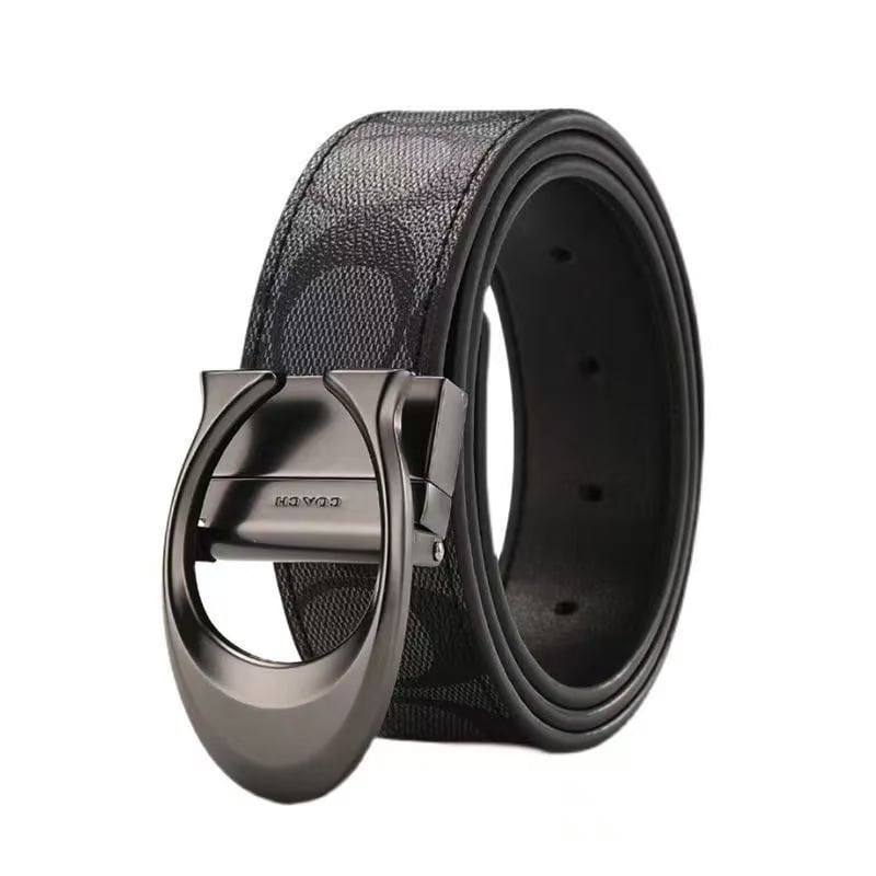 Ανδρική ζώνη από γνήσιο δέρμα με C-μοτίβο, διπλή αγκράφα και διπλής όψης ανάγλυφο φινίρισμα (Υλικό: Γνήσιο δέρμα; Στρώμα: δεύτερο στρώμα βοδινού δέρματος; Αγκράφα: κράμα; Κλείσιμο: snap button; Πλάτος: 2-4 εκ)