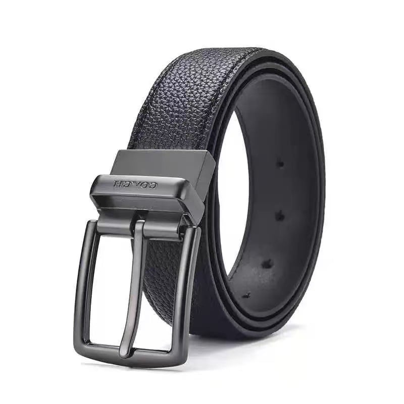 Ανδρική ζώνη από γνήσιο δέρμα με C-μοτίβο, διπλή αγκράφα και διπλής όψης ανάγλυφο φινίρισμα (Υλικό: Γνήσιο δέρμα; Στρώμα: δεύτερο στρώμα βοδινού δέρματος; Αγκράφα: κράμα; Κλείσιμο: snap button; Πλάτος: 2-4 εκ)