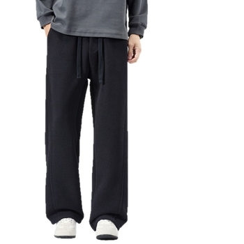 Pantaloni casual bărbați cu croială dreaptă din tricot - talie medie, șnur, poliester, iarnă