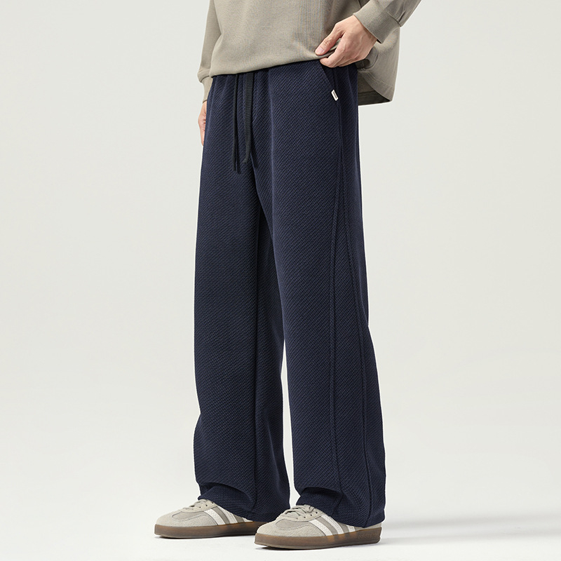 Pantaloni casual bărbați cu croială dreaptă din tricot - talie medie, șnur, poliester, iarnă