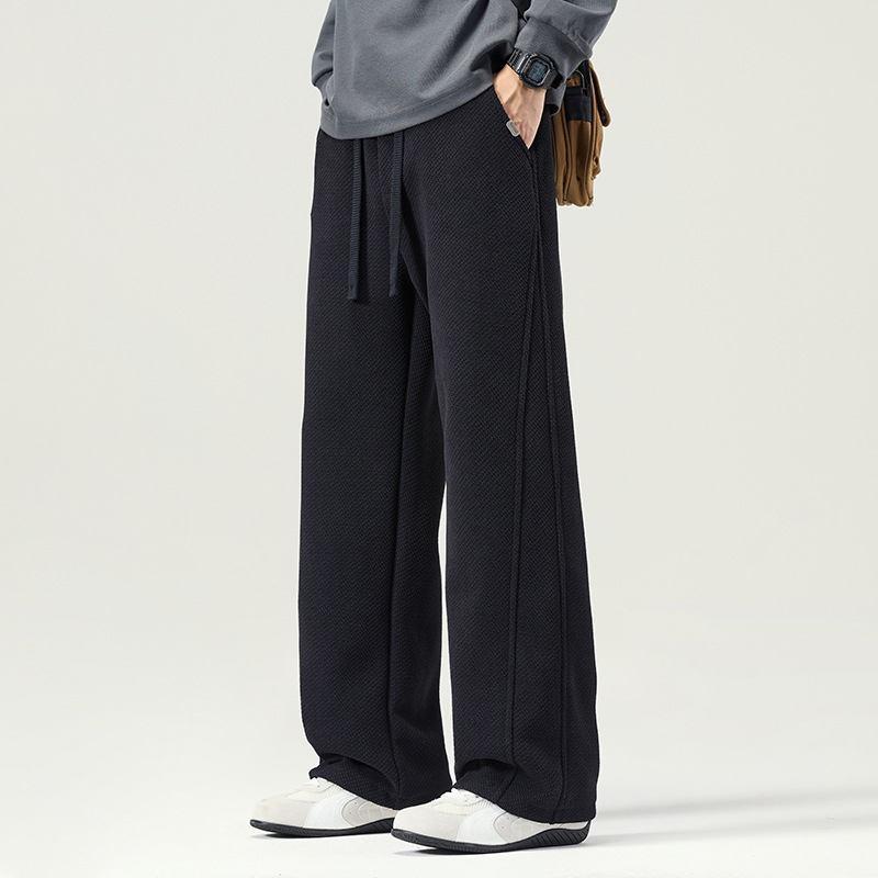 Pantaloni casual bărbați cu croială dreaptă din tricot - talie medie, șnur, poliester, iarnă