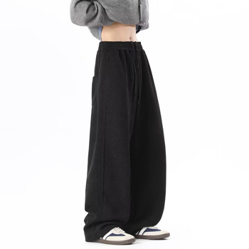 Pantaloni casual bărbătești cu căptușeală fleece, croială lejeră drept, talie medie, închidere cu șnur, material poliester