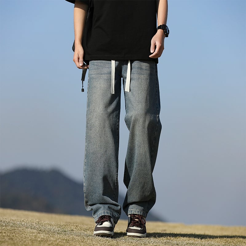 Ανδρικά τζιν φαρδιάς γραμμής, άνοιξη–φθινόπωρο, μεσαία μέση, πλυμένο φινίρισμα, βαμβακερή μίξη