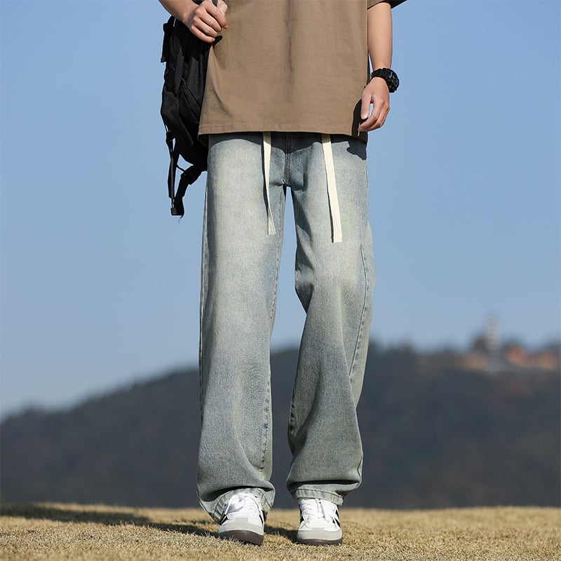 Ανδρικά τζιν φαρδιάς γραμμής, άνοιξη–φθινόπωρο, μεσαία μέση, πλυμένο φινίρισμα, βαμβακερή μίξη