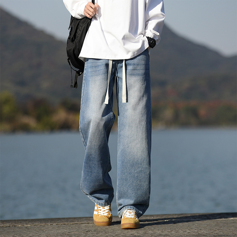 Ανδρικά τζιν φαρδιάς γραμμής, άνοιξη–φθινόπωρο, μεσαία μέση, πλυμένο φινίρισμα, βαμβακερή μίξη