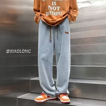 Ανδρικά τζίνς με ίσια γραμμή, μεσαία μέση, πολυεστερικό μίγμα, πλυμένο φινίρισμα, τεσσάρων εποχών