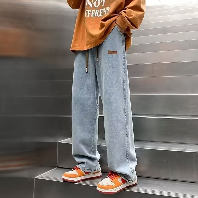 Ανδρικά τζίνς με ίσια γραμμή, μεσαία μέση, πολυεστερικό μίγμα, πλυμένο φινίρισμα, τεσσάρων εποχών