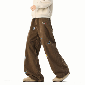 Τζιν με κέντημα Dachshund, ευθύ παντελόνι, μεσαία μέση, 100% βαμβάκι, φερμουάρ