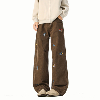 Τζιν με κέντημα Dachshund, ευθύ παντελόνι, μεσαία μέση, 100% βαμβάκι, φερμουάρ