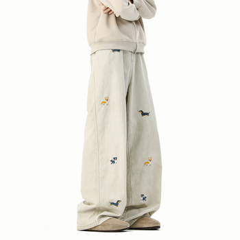 Τζιν με κέντημα Dachshund, ευθύ παντελόνι, μεσαία μέση, 100% βαμβάκι, φερμουάρ