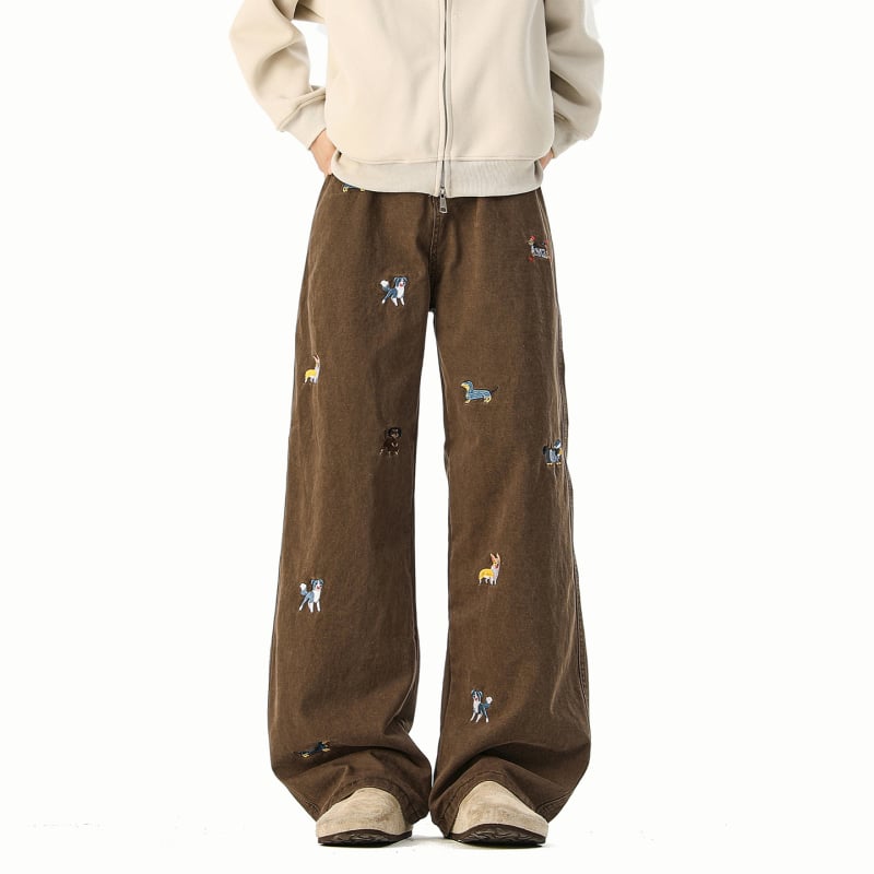 Τζιν με κέντημα Dachshund, ευθύ παντελόνι, μεσαία μέση, 100% βαμβάκι, φερμουάρ