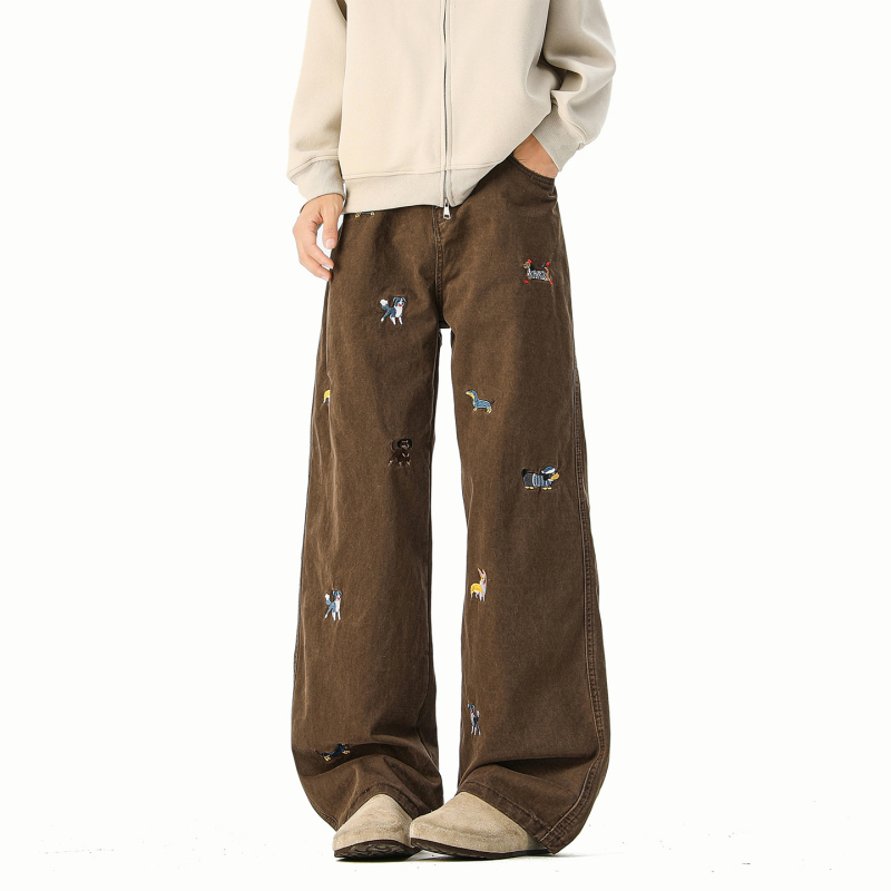 Τζιν με κέντημα Dachshund, ευθύ παντελόνι, μεσαία μέση, 100% βαμβάκι, φερμουάρ