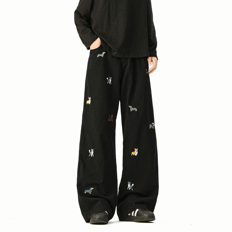 Τζιν με κέντημα Dachshund, ευθύ παντελόνι, μεσαία μέση, 100% βαμβάκι, φερμουάρ