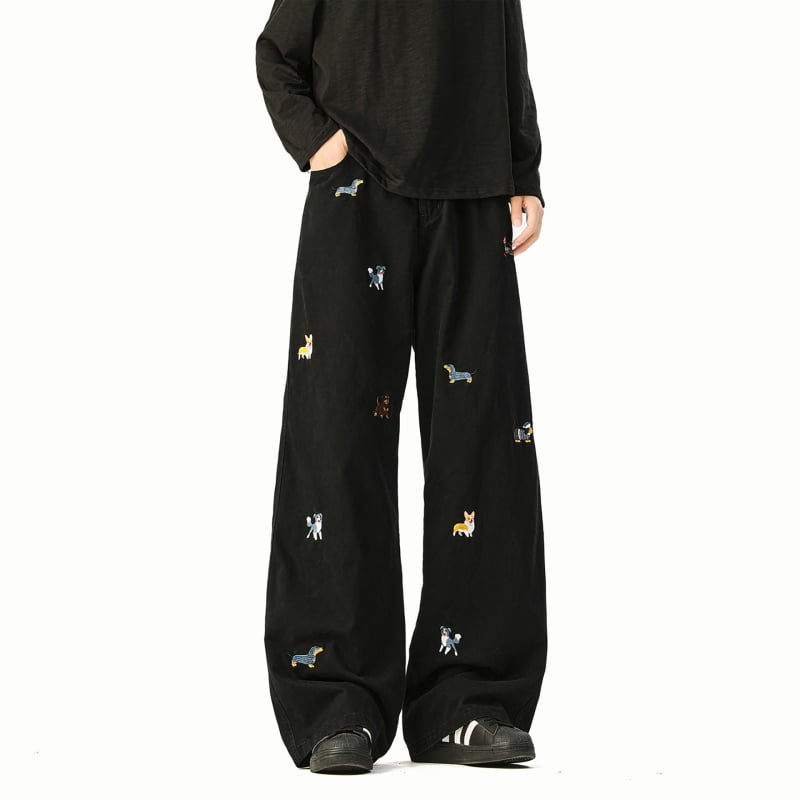 Τζιν με κέντημα Dachshund, ευθύ παντελόνι, μεσαία μέση, 100% βαμβάκι, φερμουάρ