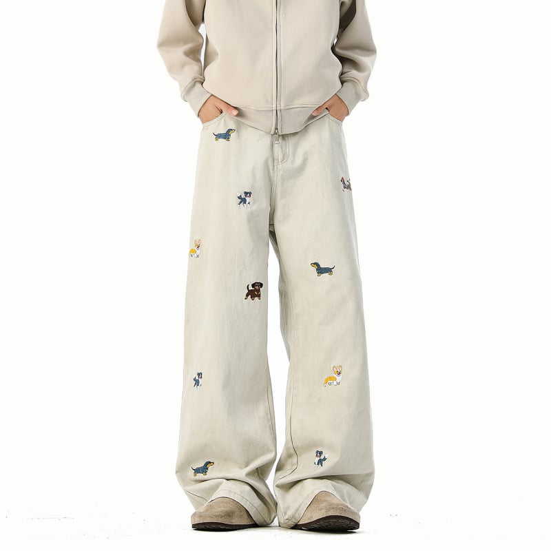 Τζιν με κέντημα Dachshund, ευθύ παντελόνι, μεσαία μέση, 100% βαμβάκι, φερμουάρ