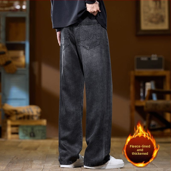Vīriešu džinsi ar flīsa oderi, augsta josta, taisns piegriezums, rāvējslēdzējs, ziemas sezonai