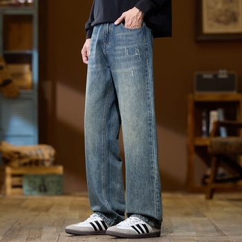 Ανδρικά τζιν με επένδυση φλίς, ψηλή μέση, ίσια γραμμή, φερμουάρ, για τον χειμώνα