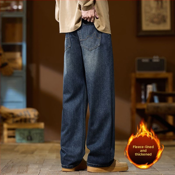 Vīriešu džinsi ar flīsa oderi, augsta josta, taisns piegriezums, rāvējslēdzējs, ziemas sezonai