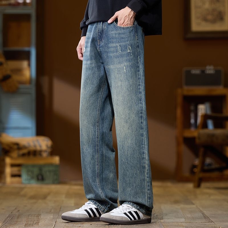 Ανδρικά τζιν με επένδυση φλίς, ψηλή μέση, ίσια γραμμή, φερμουάρ, για τον χειμώνα