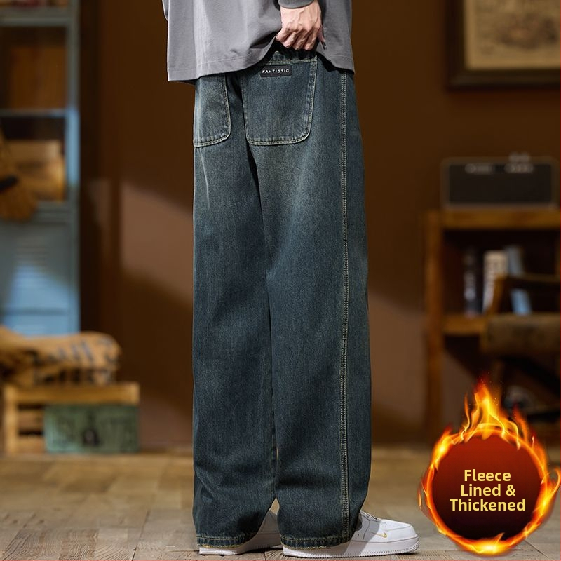 Vīriešu džinsi ar flīsa oderi, augsta josta, taisns piegriezums, rāvējslēdzējs, ziemas sezonai