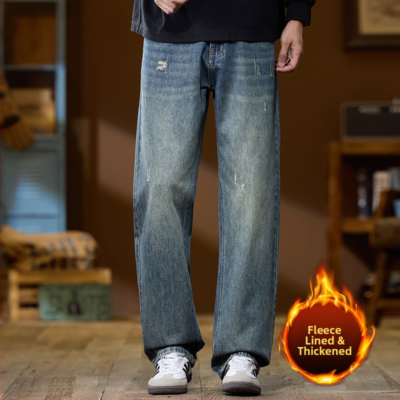 Vīriešu džinsi ar flīsa oderi, augsta josta, taisns piegriezums, rāvējslēdzējs, ziemas sezonai