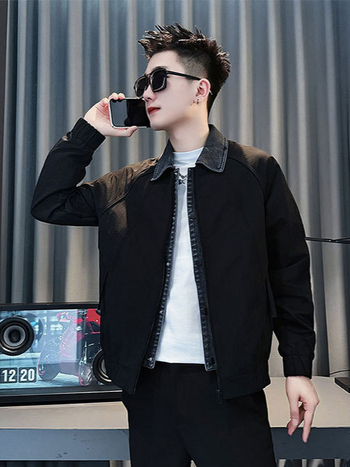 Jachetă denim cu guler rever, închidere cu fermoar, mâneci lungi, material gros