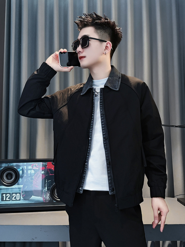 Jachetă denim cu guler rever, închidere cu fermoar, mâneci lungi, material gros