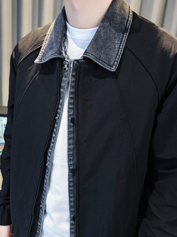 Jachetă denim cu guler rever, închidere cu fermoar, mâneci lungi, material gros