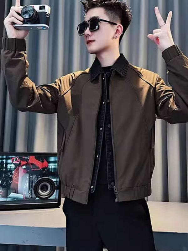 Jachetă denim cu guler rever, închidere cu fermoar, mâneci lungi, material gros