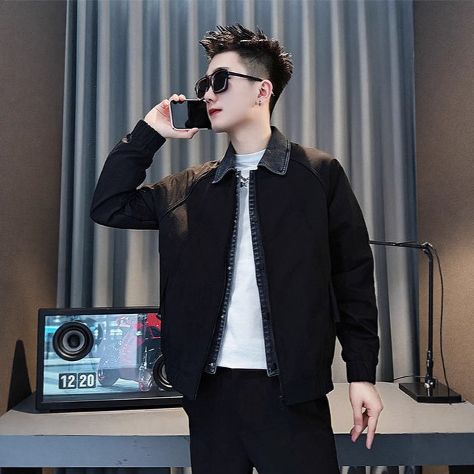 Jachetă denim cu guler rever, închidere cu fermoar, mâneci lungi, material gros