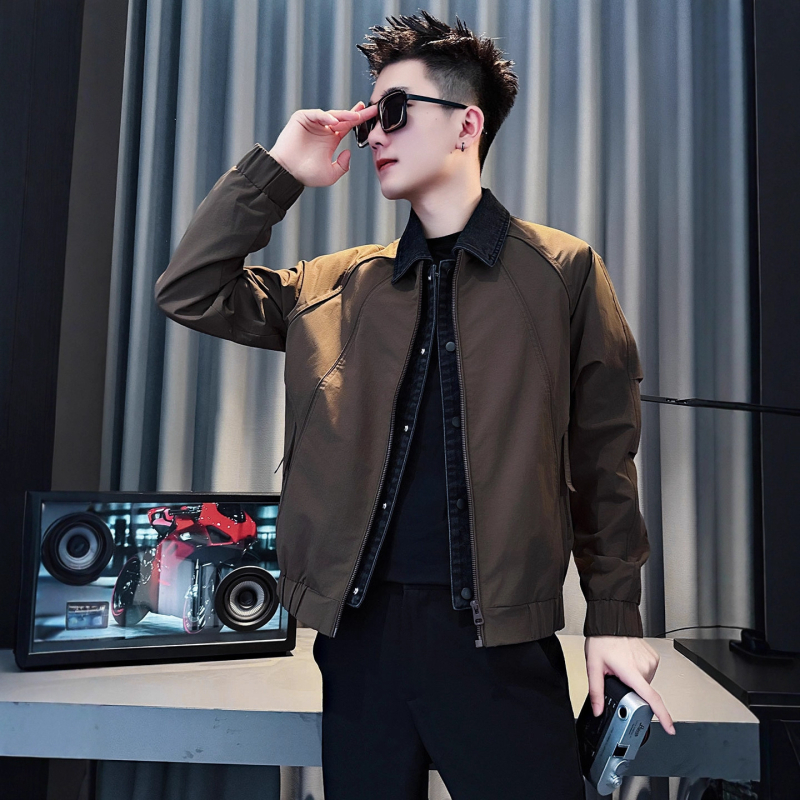 Jachetă denim cu guler rever, închidere cu fermoar, mâneci lungi, material gros