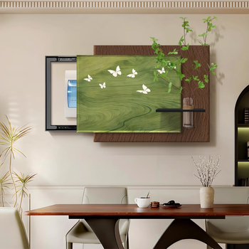 Dekoratyvinis įrėminamas paveikslas elektrinės skirstymo dėžei, vintidžo kremas stilius, PS rėmas, hidroponinė žalia augmenija