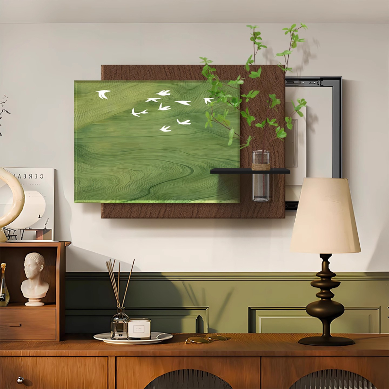 Dekoratyvinis įrėminamas paveikslas elektrinės skirstymo dėžei, vintidžo kremas stilius, PS rėmas, hidroponinė žalia augmenija