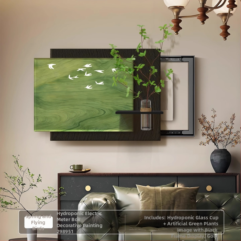 Dekoratyvinis įrėminamas paveikslas elektrinės skirstymo dėžei, vintidžo kremas stilius, PS rėmas, hidroponinė žalia augmenija