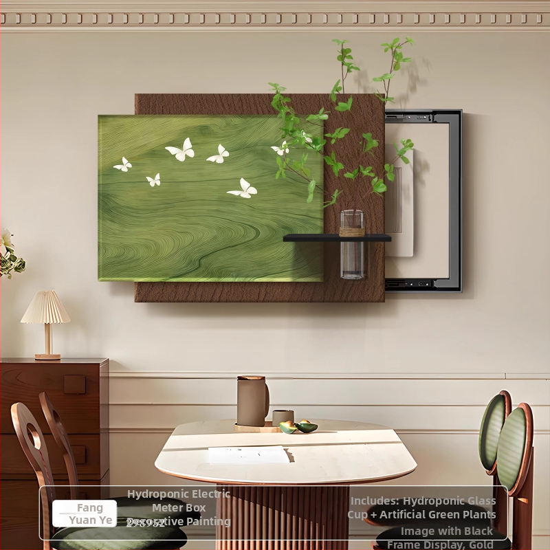 Dekoratyvinis įrėminamas paveikslas elektrinės skirstymo dėžei, vintidžo kremas stilius, PS rėmas, hidroponinė žalia augmenija