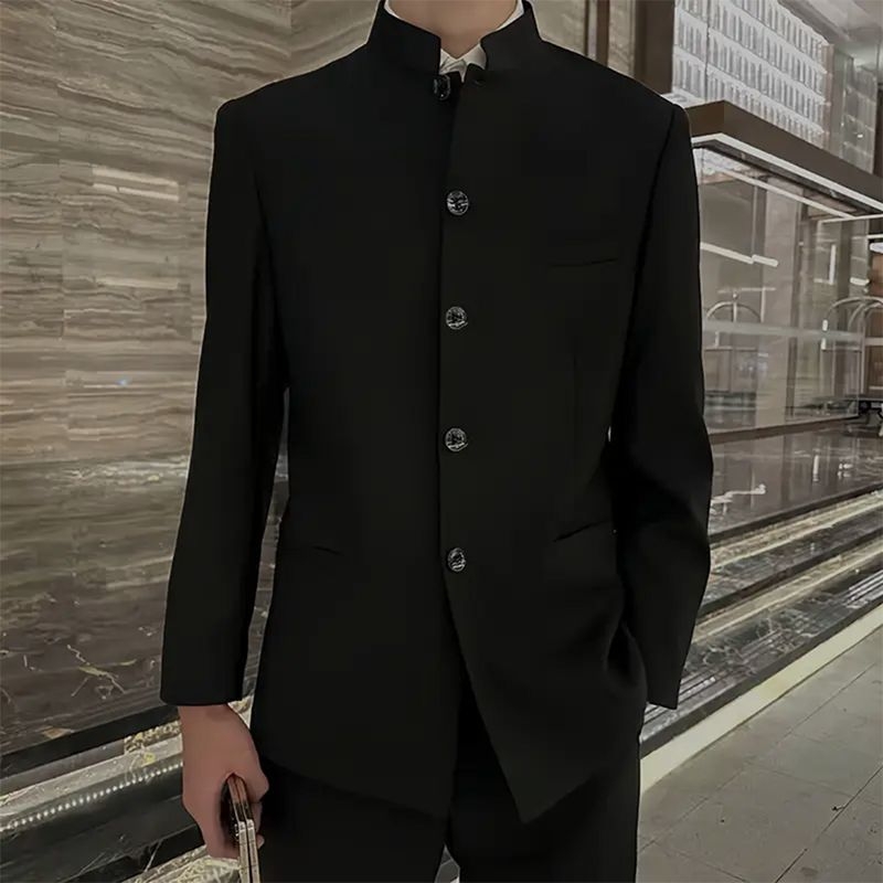 Vyriskas švarkas su pečių pagalvėlėmis ir stovinčia apykakle, laisvas kirpimas, poliesteris, 3 kišenės, pavasario-rudens