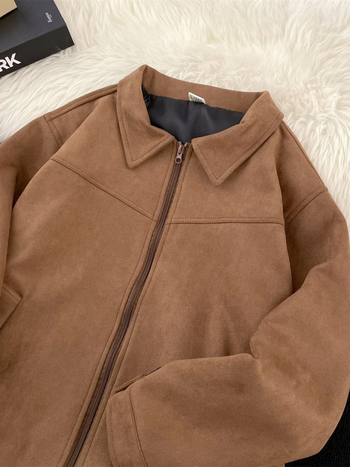 Muška jakna od suede s reverom, slobodan kroj, zip, bočni džepovi, jesenska vanjska odjeća