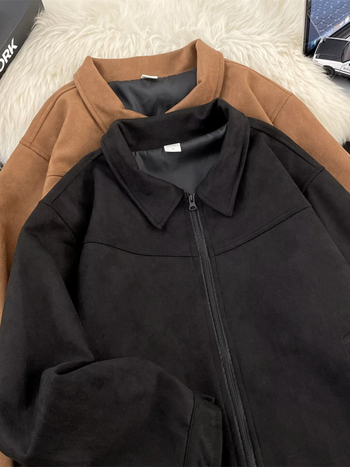 Muška jakna od suede s reverom, slobodan kroj, zip, bočni džepovi, jesenska vanjska odjeća