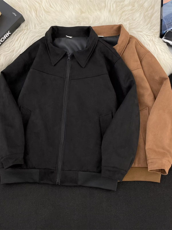 Muška jakna od suede s reverom, slobodan kroj, zip, bočni džepovi, jesenska vanjska odjeća