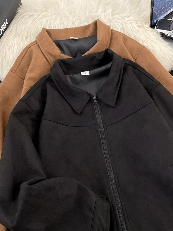 Muška jakna od suede s reverom, slobodan kroj, zip, bočni džepovi, jesenska vanjska odjeća