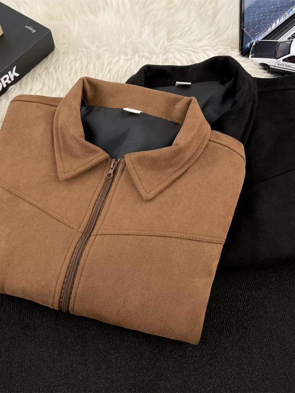 Muška jakna od suede s reverom, slobodan kroj, zip, bočni džepovi, jesenska vanjska odjeća