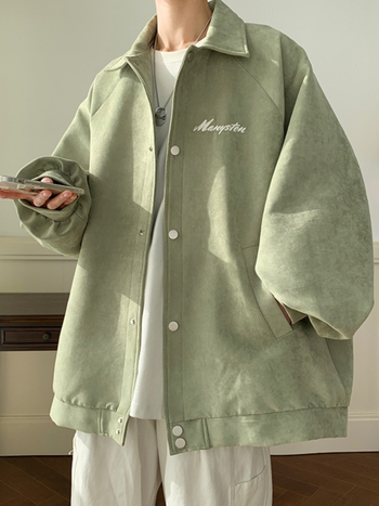Muška suede jakna s reverom, opuštena silueta, jednosložno zatvaranje, bez kapulje, hongkonški stil, casual vanjska odjeća