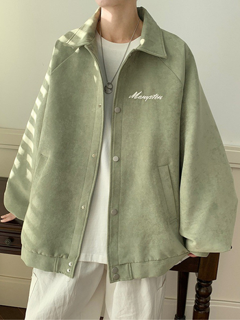 Muška suede jakna s reverom, opuštena silueta, jednosložno zatvaranje, bez kapulje, hongkonški stil, casual vanjska odjeća