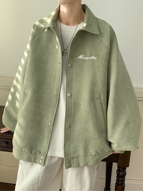 Muška suede jakna s reverom, opuštena silueta, jednosložno zatvaranje, bez kapulje, hongkonški stil, casual vanjska odjeća