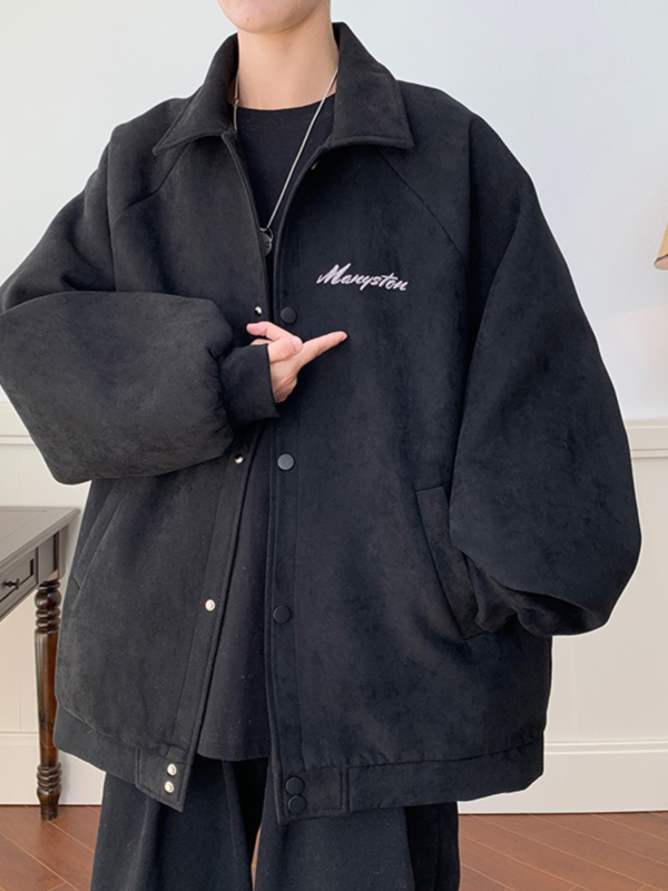 Muška suede jakna s reverom, opuštena silueta, jednosložno zatvaranje, bez kapulje, hongkonški stil, casual vanjska odjeća