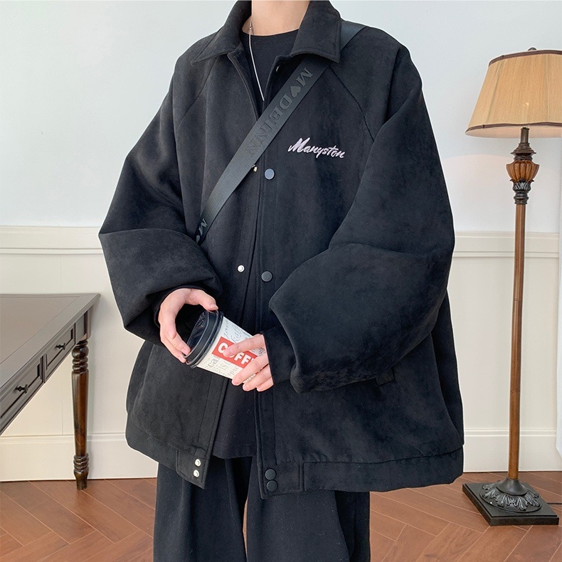 Muška suede jakna s reverom, opuštena silueta, jednosložno zatvaranje, bez kapulje, hongkonški stil, casual vanjska odjeća