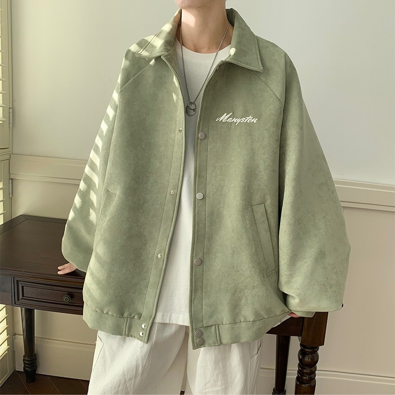 Muška suede jakna s reverom, opuštena silueta, jednosložno zatvaranje, bez kapulje, hongkonški stil, casual vanjska odjeća