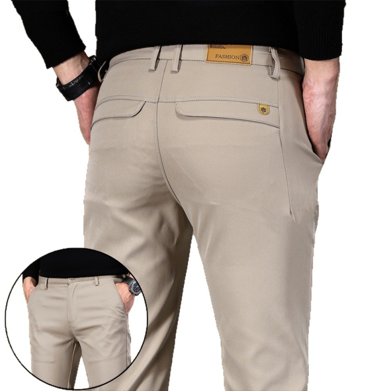 Férfi üzleti casual nadrág, mikroelasztikus poliészter, cipzáras zárás, középmagas derék, egyenes szabás