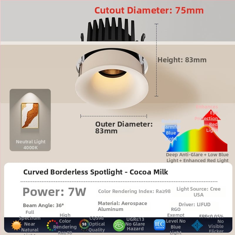 Downlight din aluminiu, sursă COB LED, 6–10W, 220V, montaj ascuns, control manual, 50.000 de ore de viață, potrivit pentru living/dining/dormitor.