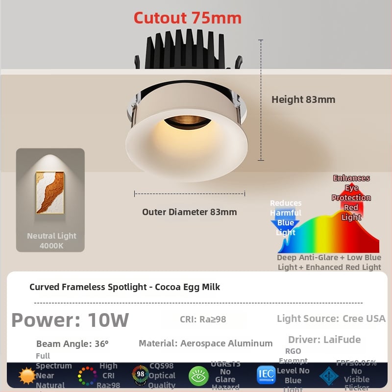 Downlight din aluminiu, sursă COB LED, 6–10W, 220V, montaj ascuns, control manual, 50.000 de ore de viață, potrivit pentru living/dining/dormitor.